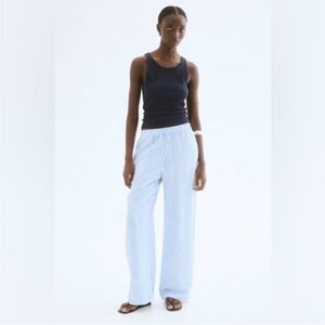 H&M Blue & White Pinstripe Wide-Leg Drawstring Pants